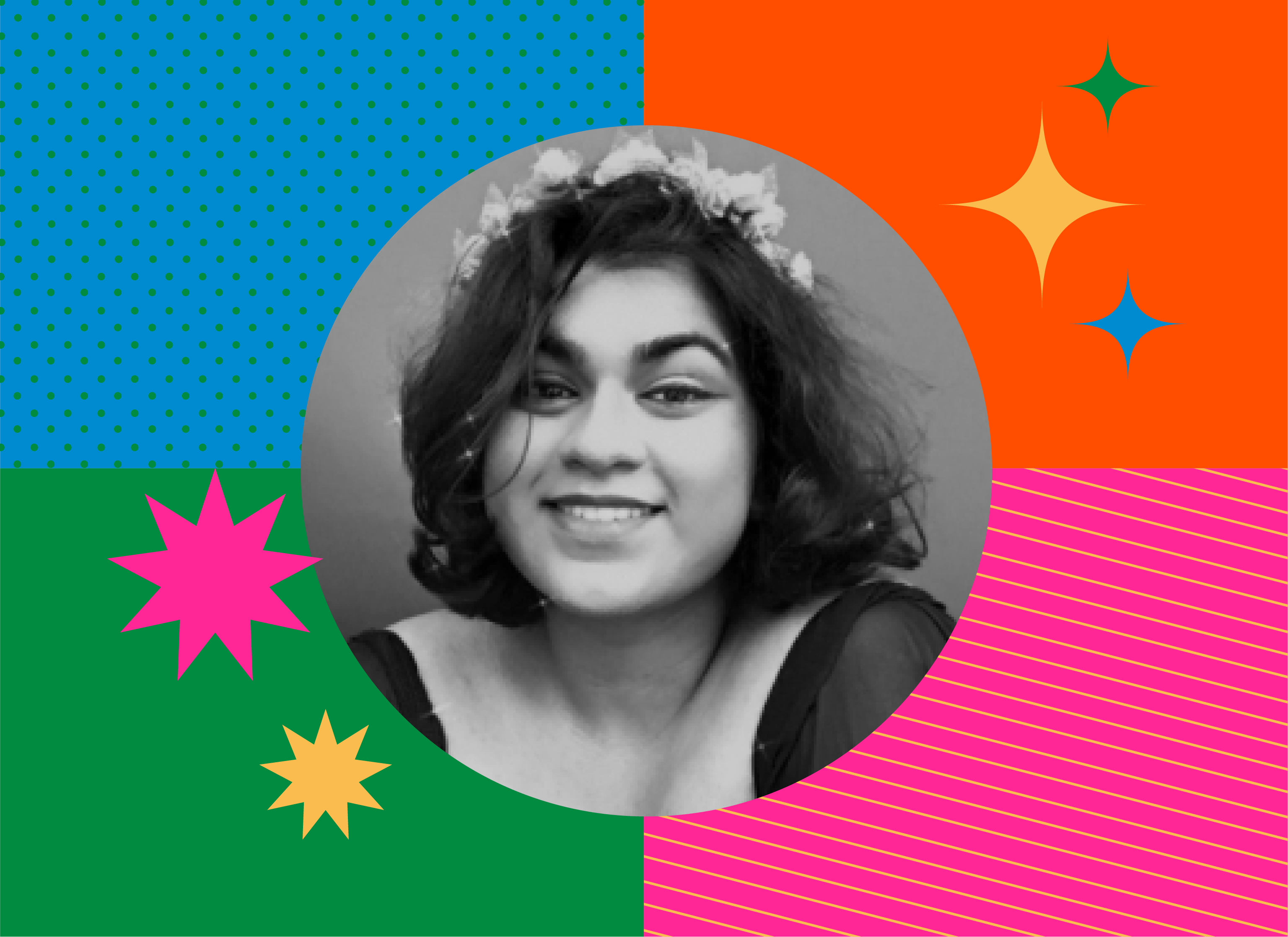 A colorful graphic featuring a headshot of EDICT intern Palak Jauhari