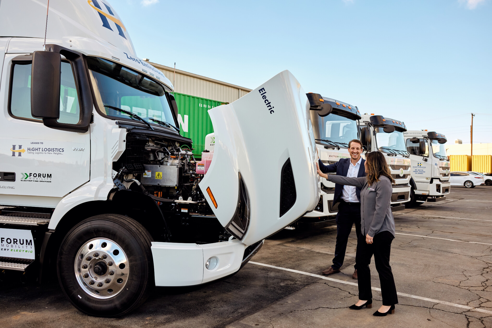 Forum Mobility's Matt Leducq and Lien Dinh with a heavy-duty electric truck.
